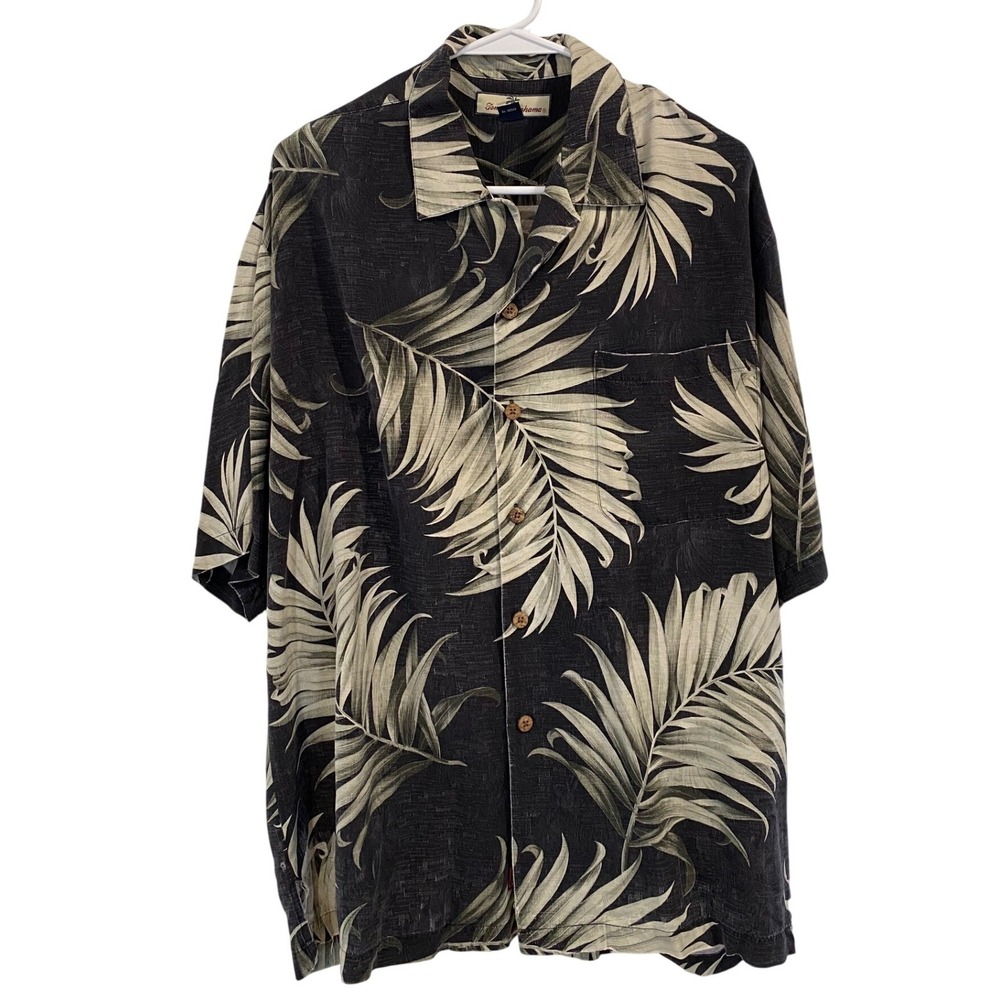 Vintage Tommy Bahama Mens Large Silk Camp Shirt Black Palm Leaf‎ Coconut Button